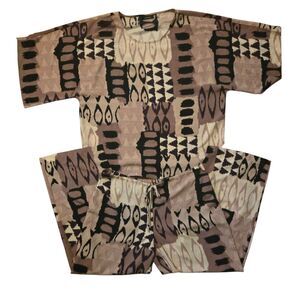 Natori Pajama Lounge Set M Purple Geometric Silky Comfy Travel Preppy